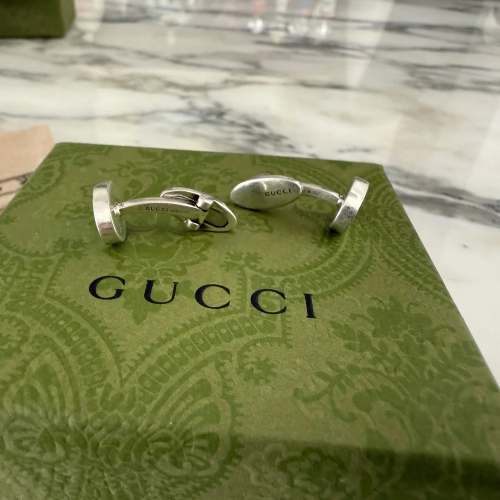 Gucci 681283 Silver Cufflinks with Green GG inlay, with box